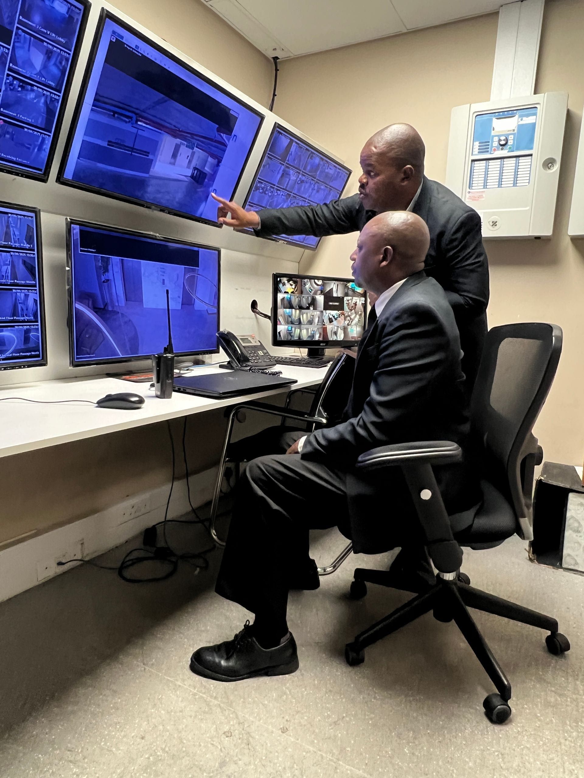 Mantis Security control room officers monitoring live CCTV feeds